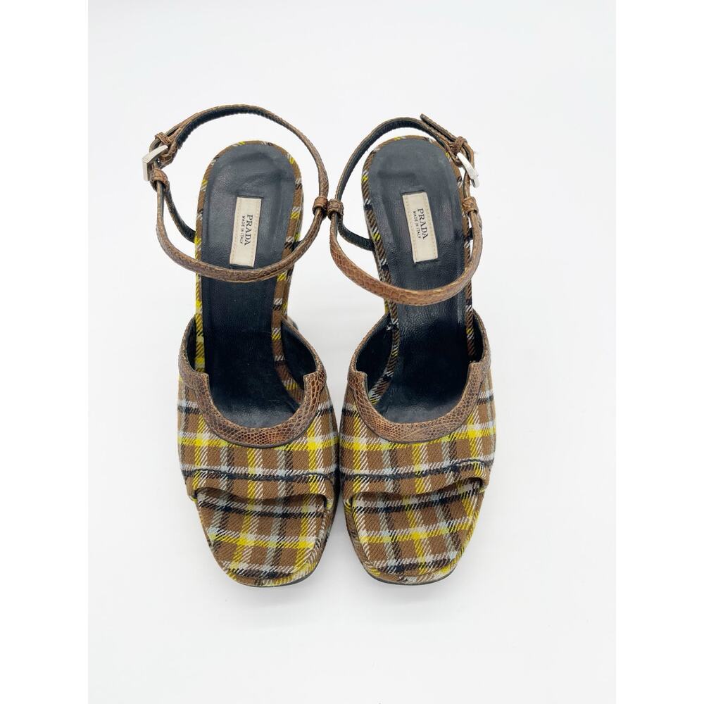 Prada Fall 2004 Runway Brown Yellow Plaid Preppy Sculptural Wedge Sandals IT 35 - Picture 7 of 13